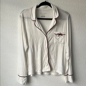 Cupcakes & Cashmere White Pajama Top with Burgundy Bow and Piping